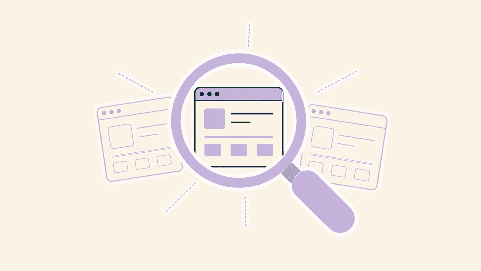 Lavender magnifying glass scanning a browser window with two competitor sites behind it